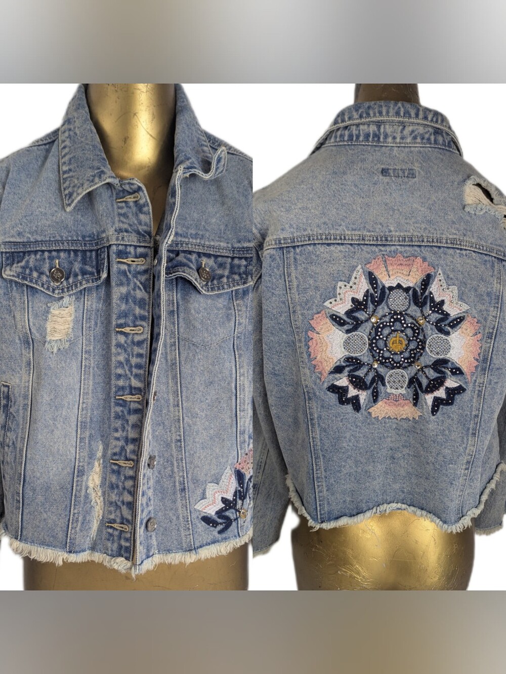 Bebe NWOT Embroidered Light Blue Denim Jacket with Distressed Hem Large